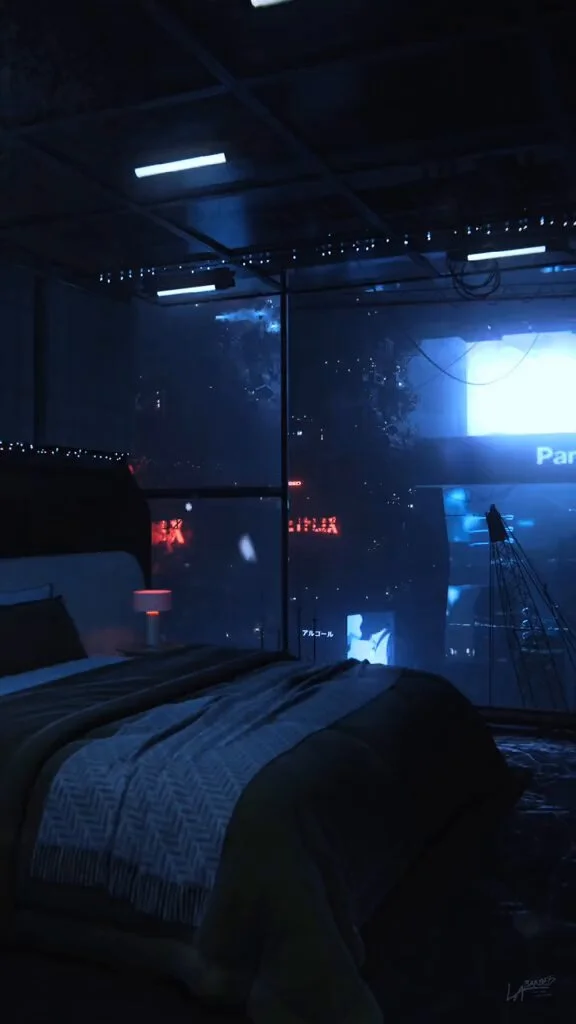 Looping cyberpunk bedroom in Blender