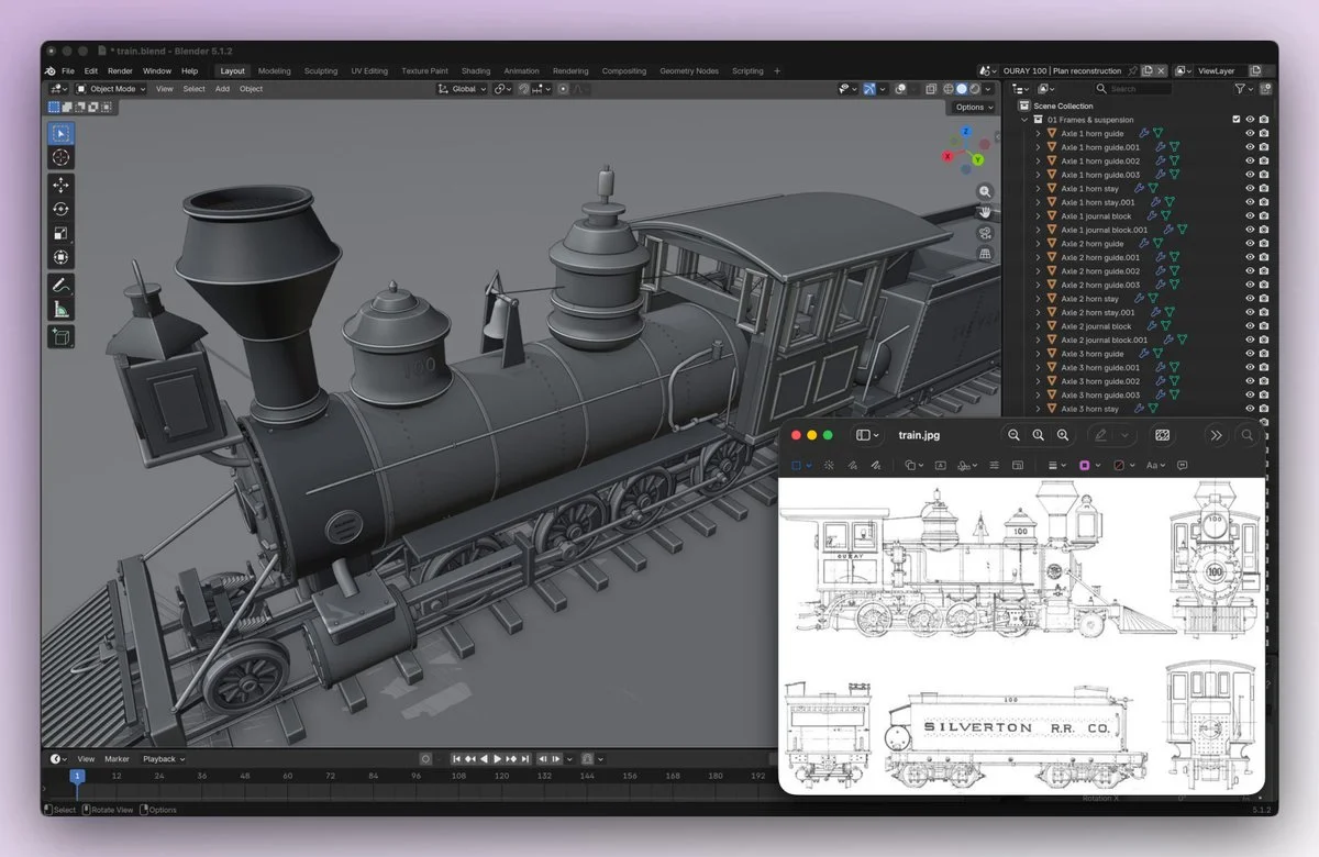 من رسم قطار بخاري إلى تجميعة Blender قابلة للتحرير