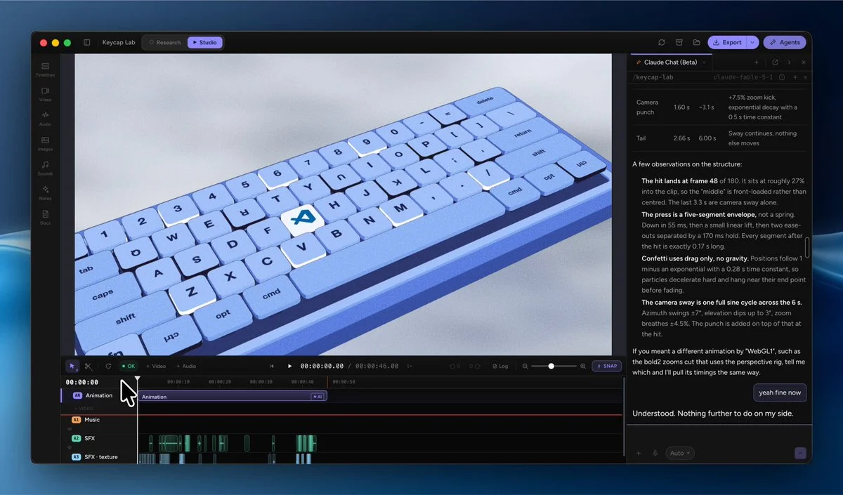 Animación 3D editable de un teclado
