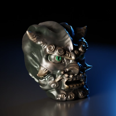 Ornate demon mask with intricate details.