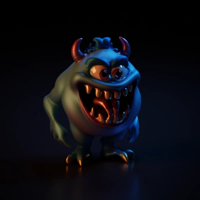 Monster with wide grin, curved horns, three toes, large teeth.