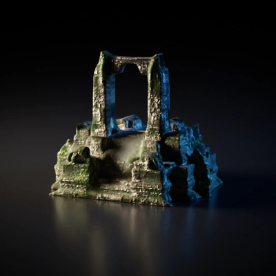 Ancient crumbling stone temple ruins, covered in vegetation.