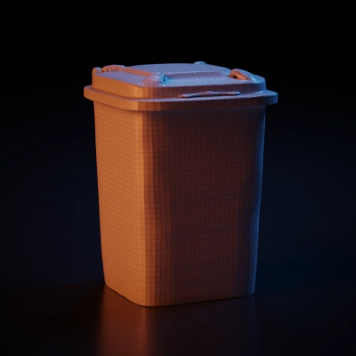 Weathered plastic trash bin with lid. . symmetric geometry, smooth edges.