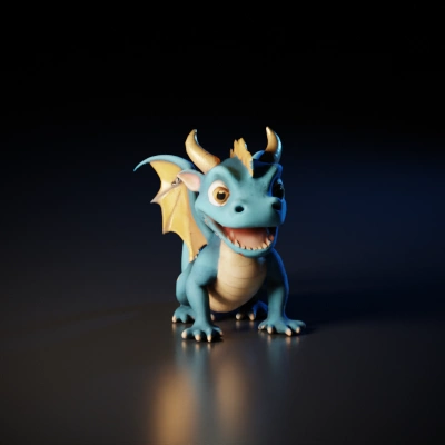 Cute cartoon dragon with expressive eyes, playful demeanor.