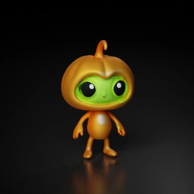 Green alien with pumpkin helmet, cute design, three fingers each hand.