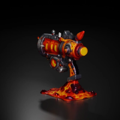 Futuristic sci-fi weapon with lava cannon, mechanical structure.