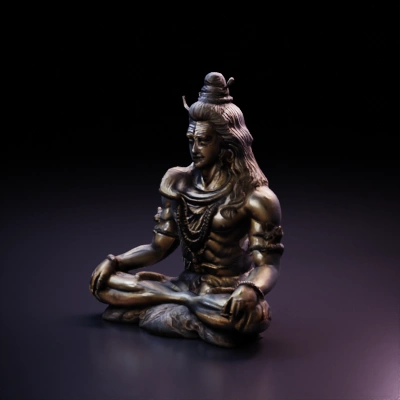 Serene meditating deity figure with intricate ornaments, divine aura.