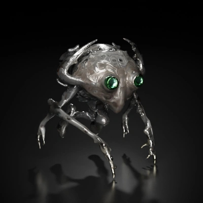Alien spider-like robot with glowing green eyes.