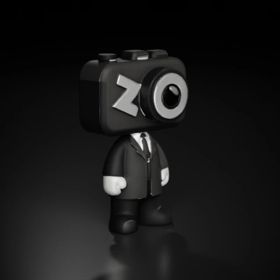 camera-headed character in a suit. the lens should not protrude, and the camera's back is designed with a screen and a viewfinder