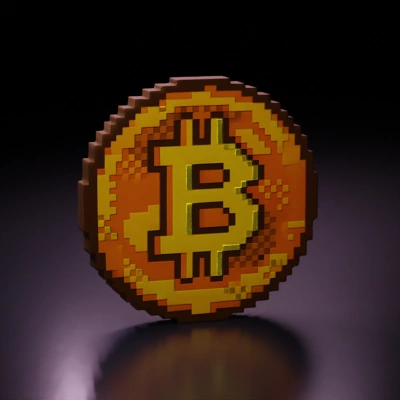 Pixelated bitcoin coin, 8-bit style.