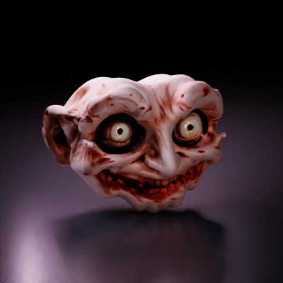 Scary grotesque creature head with bulging eyes, sharp teeth.