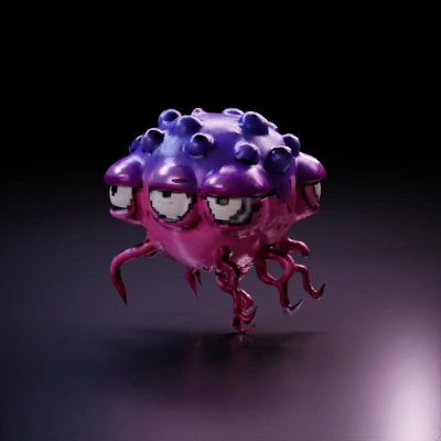 Pixelated cartoon octopus-like creature with many eyes.