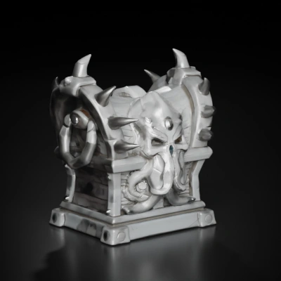 Tentacled monster skull chest with spikes, fantasy design.