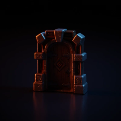 Medieval wooden door with iron accents, stone frame.