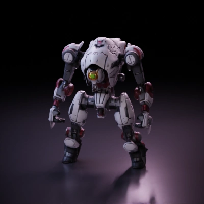 Humanoid robot with mechanical limbs and single eye.