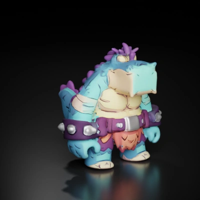 Cartoon dinosaur warrior with belt and wristbands.