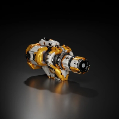 Mechanical, embellished pearl and gold colored gun with blue lights.