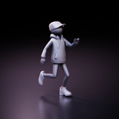 Stylized animated figure with hoodie and cap, running,black jacket,ripped jeans.