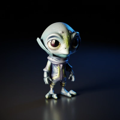 Alien creature with big eyes, humanoid body, wearing suit.