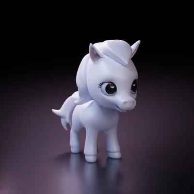 Cute cartoon pony, large eyes, short legs.