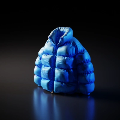 Blue puffer jacket for winter wear.