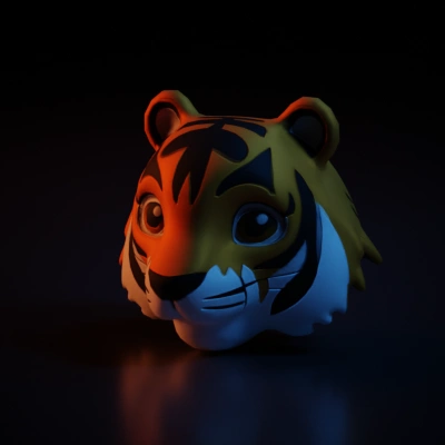 Tiger head toy with large eyes, ears.