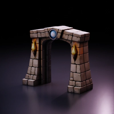 Stone archway with torches and orb.