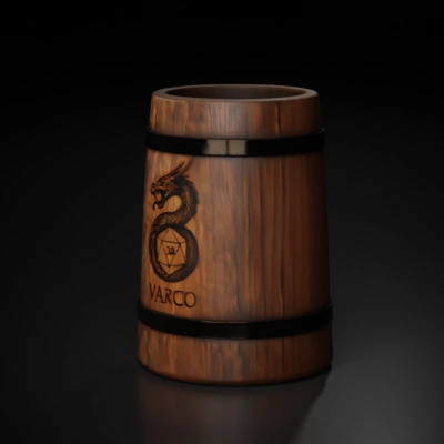 textured Wooden mug with dragon and dice design.