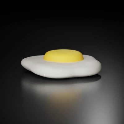 fluffy carpet look like Fried egg, realistic, cartoonish depiction.