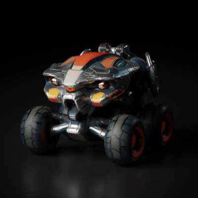 Battle-ready mech with large wheels and advanced technology.