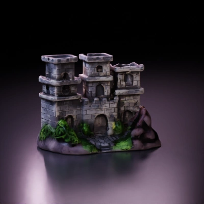 Medieval stone fortress, three towers, detailed design.