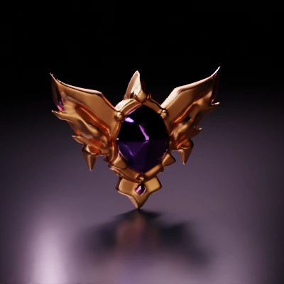 Winged emblem with central gem, decorative, jewel-like design.