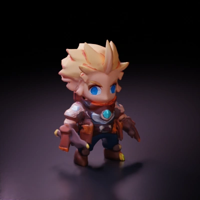 Cartoon-style adventurer with gear, chibi proportions, fantasy role-playing.