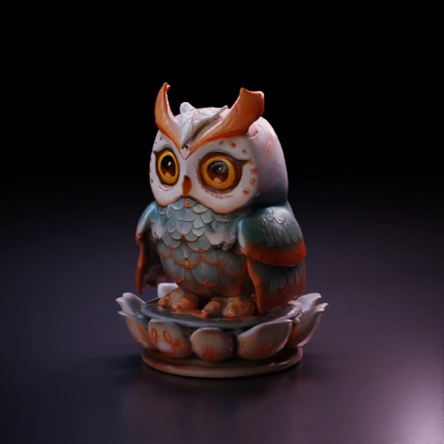 Detailed owl sculpture, vibrant and intricate patterns.
