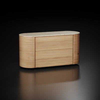 Curved wooden cabinet, modern furniture design.