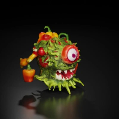 Tentacled monster with a single eye, multiple pepper-like growths.