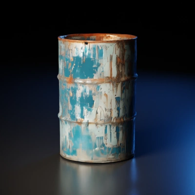 Rusty oil barrel, weathered metallic surface.
