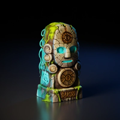 Ancient totem with glowing symbols and intricate carvings.