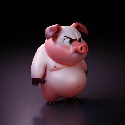 A detailed cartoon-style pig character inspired by the 'Zootopia' art style, standing upright on two legs in a T-pose with an angry and grumpy expression. the pig should have a chubby body with a round belly and a large snout, its arms and legs should be short and stubby, with no clothing or accessories, the character should be in a front view, with clean, smooth lines and vibrant colors, the background should be plain white to keep the focus on the character, which should have a simple, animated design