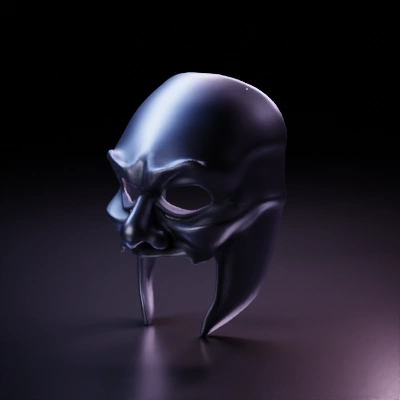 Malevolent theatre mask, exaggerated nose, theatrical carved lines.