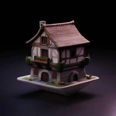 Two-story medieval cottage, wooden beams, stone foundation.