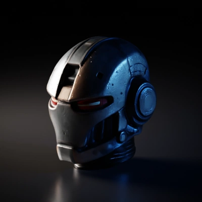 Futuristic robotic helmet with red visor, sci-fi look.
