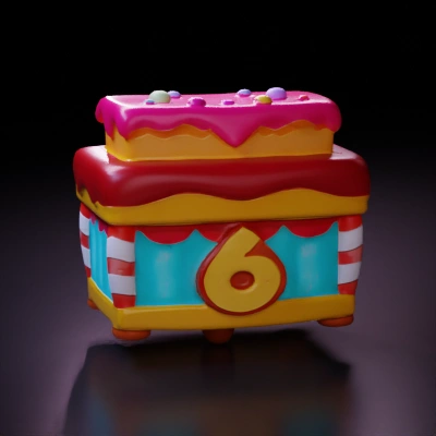 Stacked birthday cake with number six, cartoonish style.