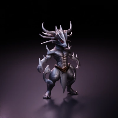 Muscular dragon-like creature with horns.