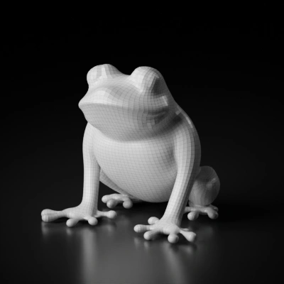 Cartoon frog, sitting, friendly appearance.
