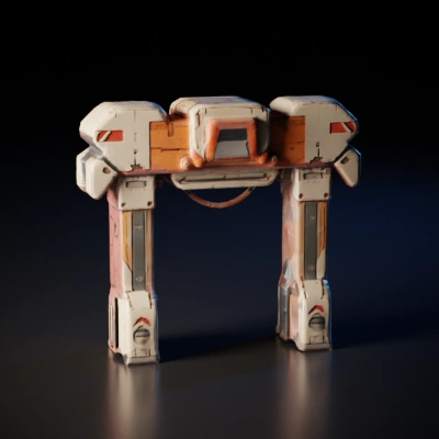Giant battle-ready mech with laser weapons, four legs.