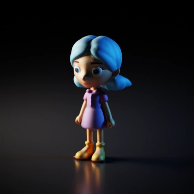 Childlike animated character, blue hair, cartoonish design.