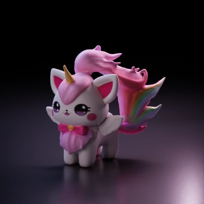 Chibi unicorn with wings, rainbow tail, and big eyes.