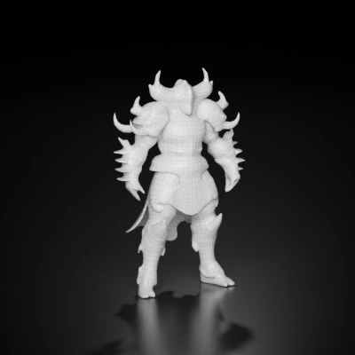 Armored warrior with elaborate fantasy costume, menacing stance. . symmetric geometry, complex geometry, character.