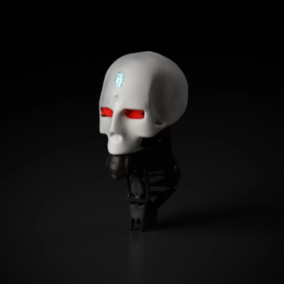 Cybernetic skull with red robotic eyes, sci-fi aesthetic.